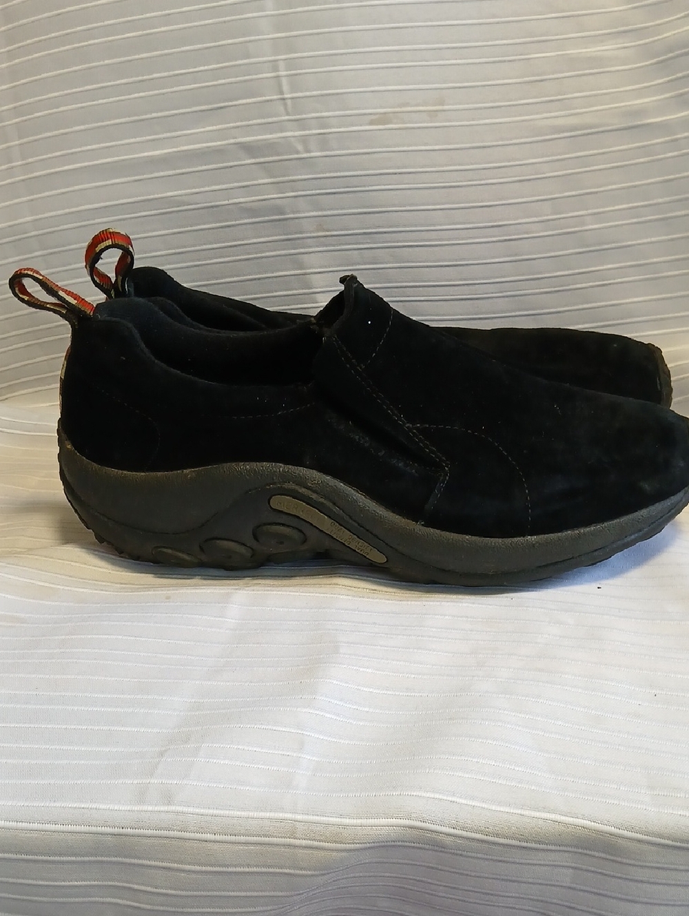 Merrell Black Suede Slip-On Loafers with Orange Pull Tabs